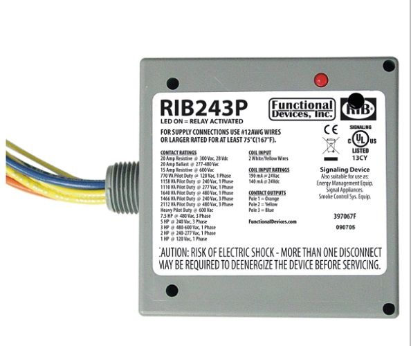Functional Devices Power Relay, 20 Amp 3Pst-N/O, 24 Vac/Dc Coil, Nema 1 Housing RIB243P