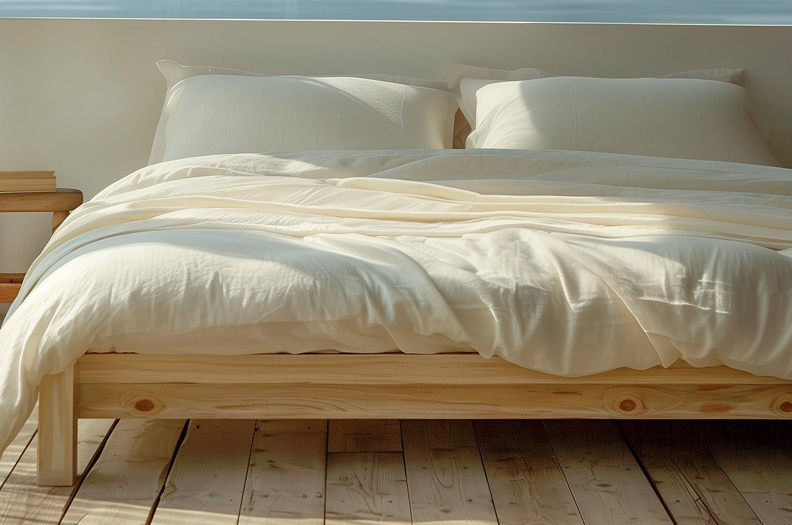 Sleep & Beyond 270TC organic cotton percale sheet set in Classic Ivory; supplier catalog photograph