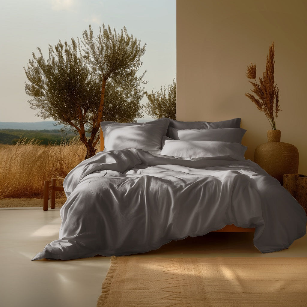 Sleep & Beyond 300TC organic cotton sateen sheet set in Midnight Grey; supplier catalog photograph