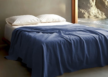 Sleep & Beyond organic cotton honeycomb blanket in Pacific Blue; supplier catalog photograph