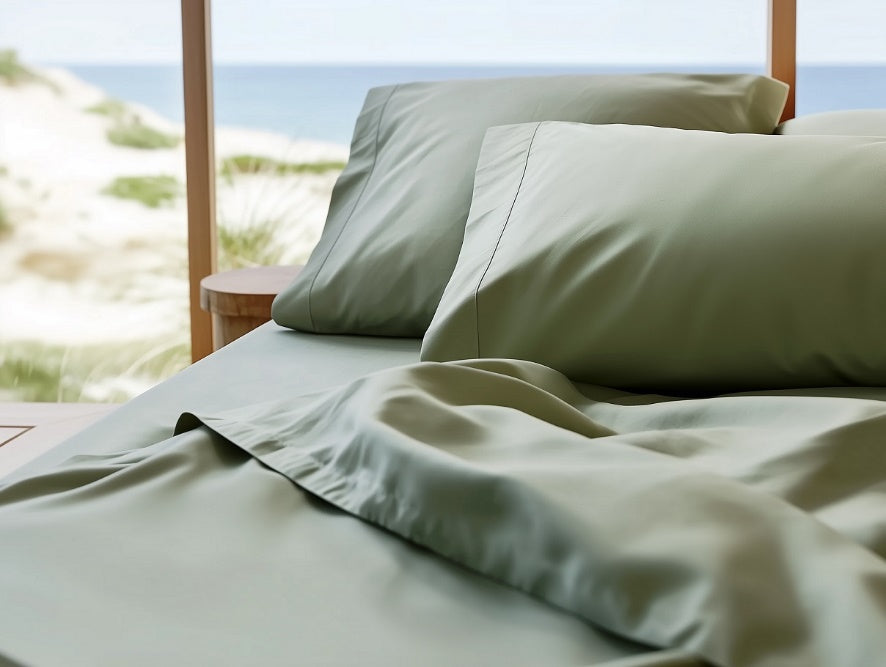 Sleep & Beyond myBamboo sheet set in Sage Green; supplier catalog photograph