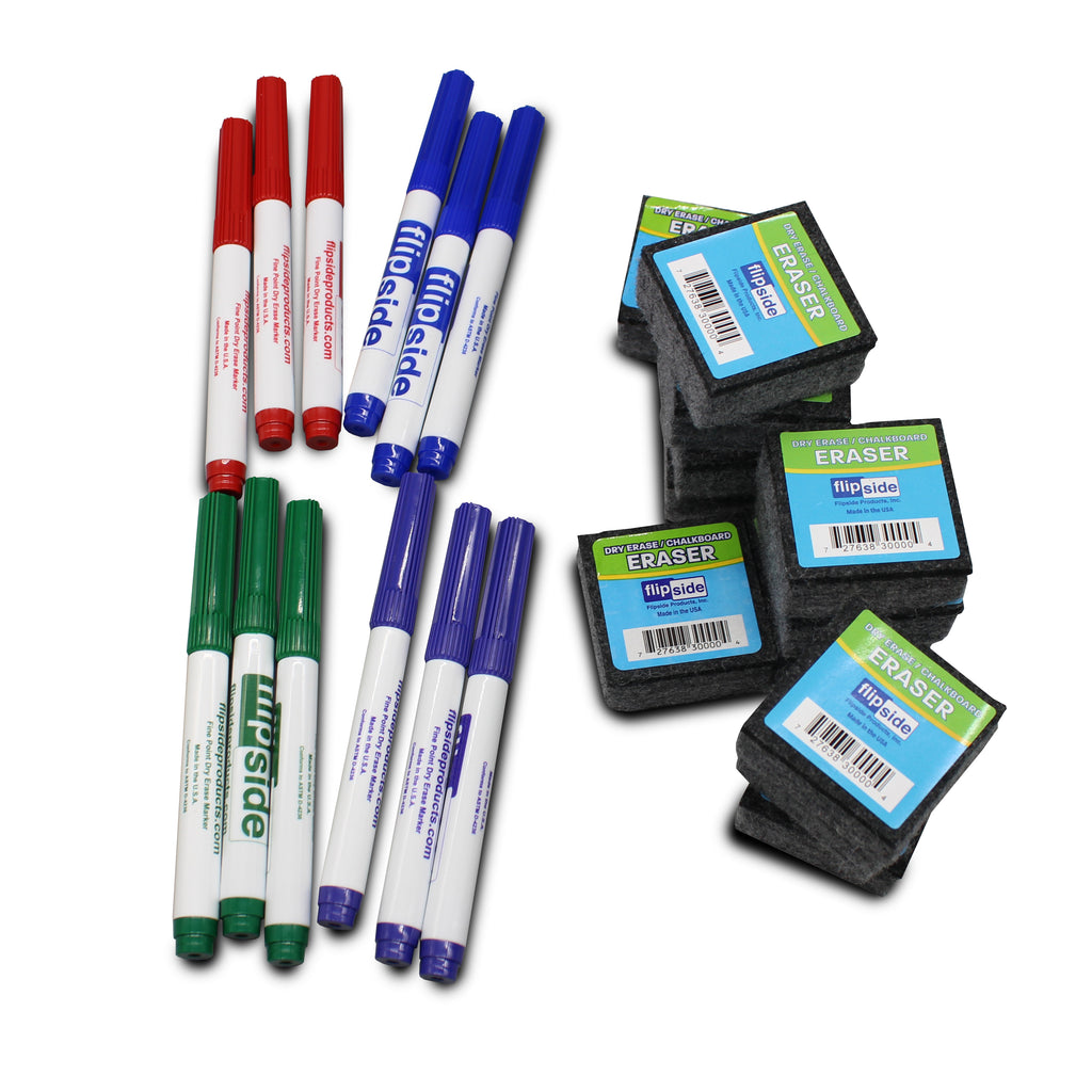 9 x 12 Red & Blue Ruled/Dry Erase (dual sided) + Colored Markers + Student Eraser Class Pack 12